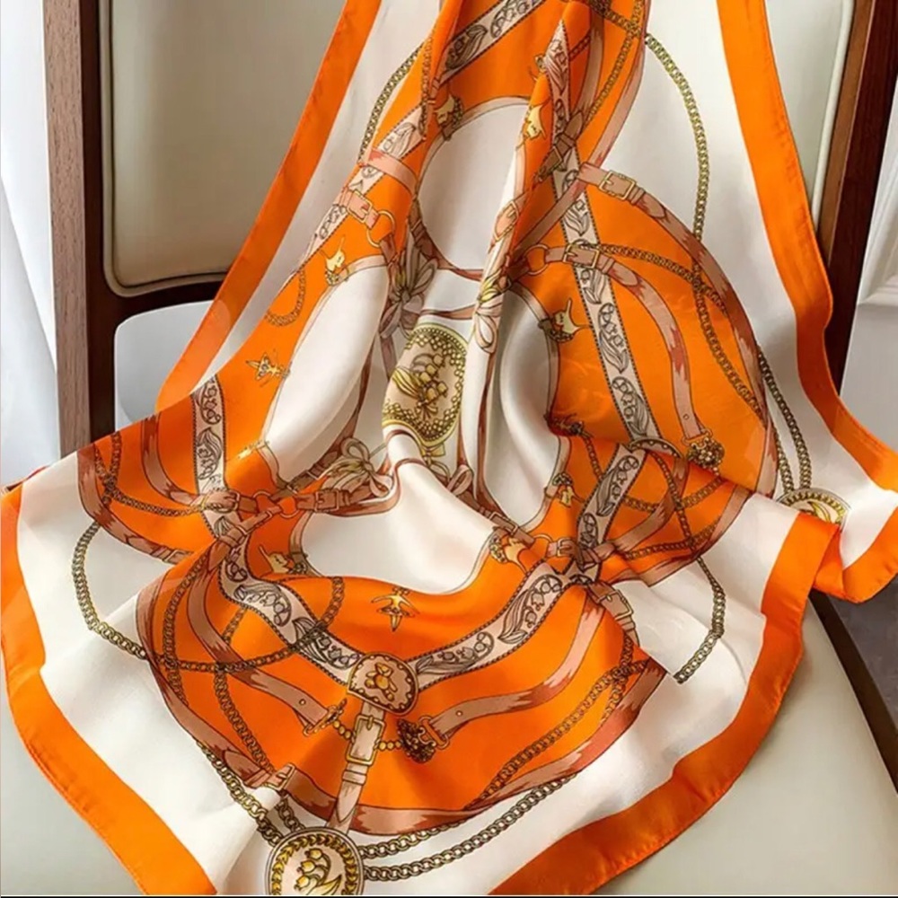 Soft Silk Satin Scarf Classic Trendy Orange White Cream